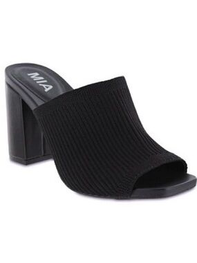 9.5 MIA Women’s Florina Peep Toe Sandals Black Ribbed Knit Block Heel Mules